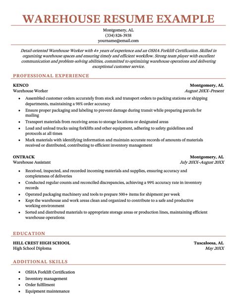 Resume Templates For Warehouse Jobs