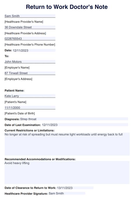 Return To Work Doctors Note Template Free