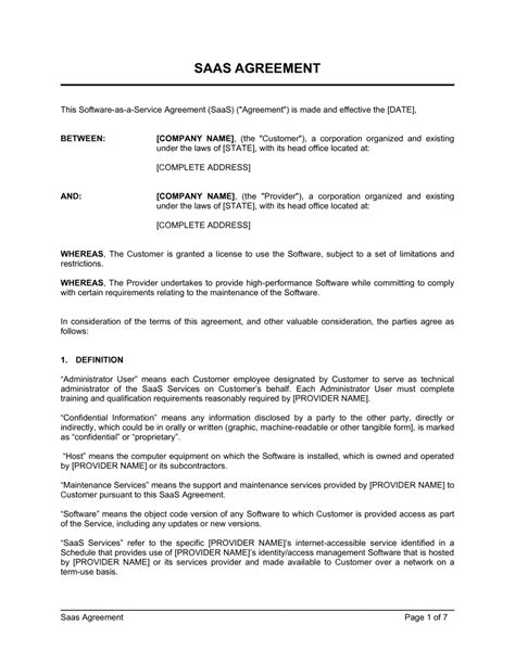 Saas Service Agreement Template