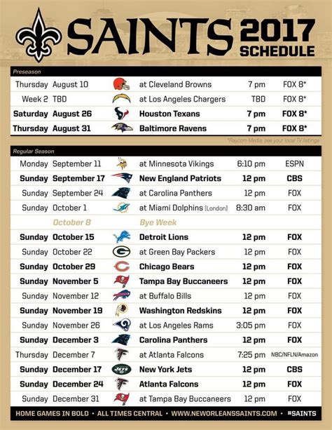 Saints Schedule Printable
