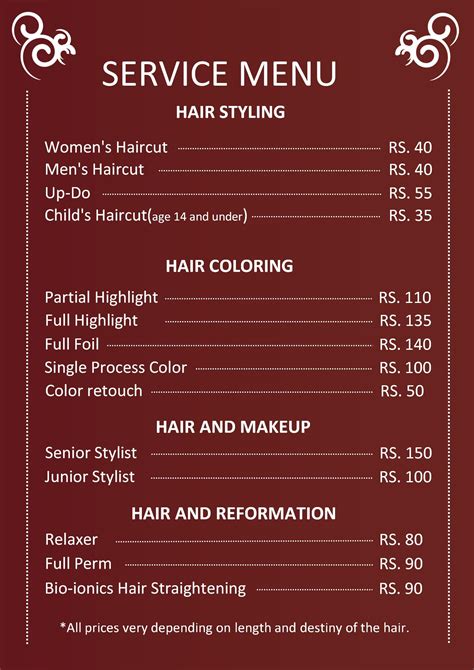 Salon Menu Templates