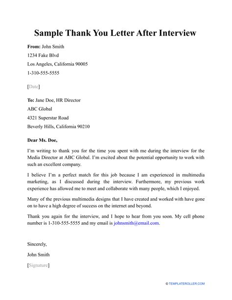 Sample Interview Thank You Letter Template
