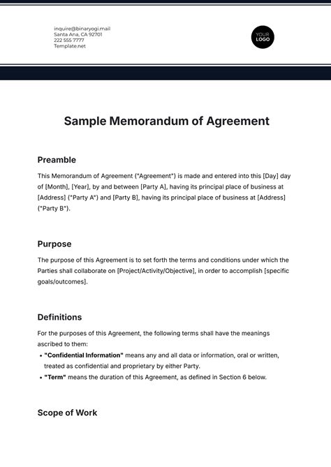 Sample Memorandum Of Agreement Template