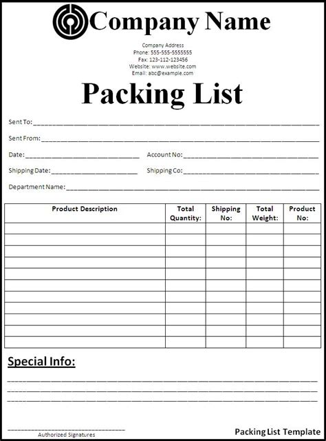 Sample Packing List Template