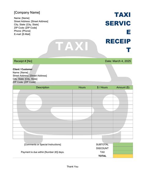 Sample Taxi Receipt Template