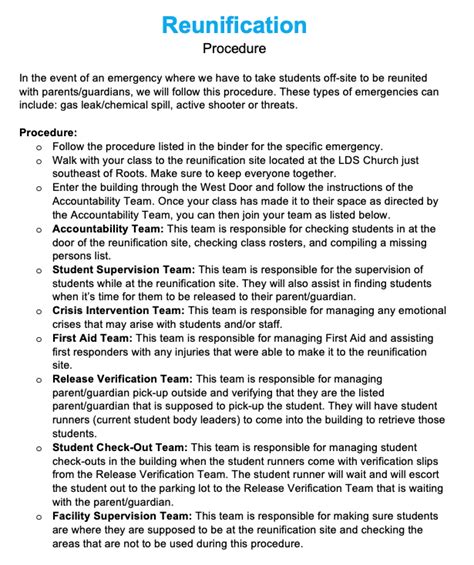 School Reunification Plan Template