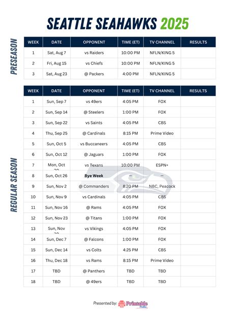 Seattle Seahawks Schedule Printable