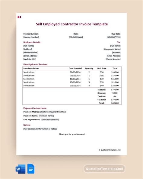 Self Employed Contractor Invoice Template
