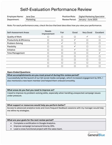 Self Evaluation Performance Review Template