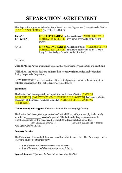 Seperation Agreement Template