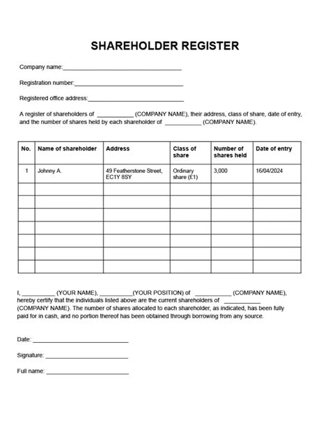Shareholder Register Template