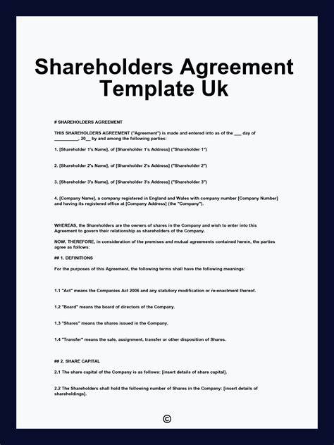 Shareholders Agreement Template Uk