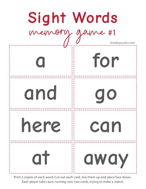 Sight Word Memory Game Free Printable