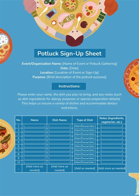 Sign Up Sheet For Potluck Template