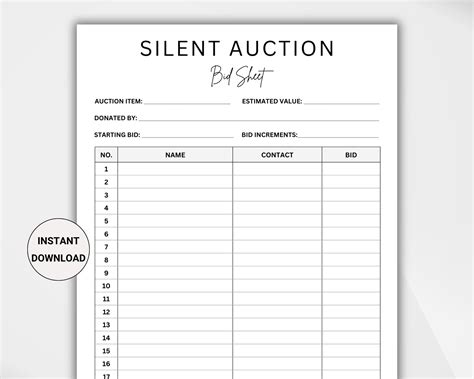 Silent Auction Sign Up Sheet Template