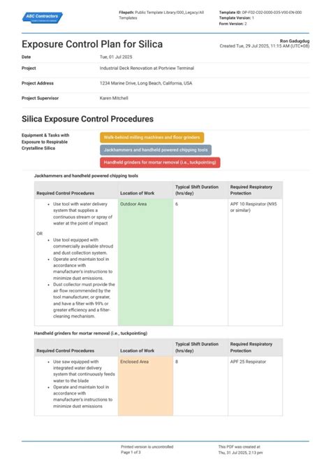 Silica Exposure Control Plan Template