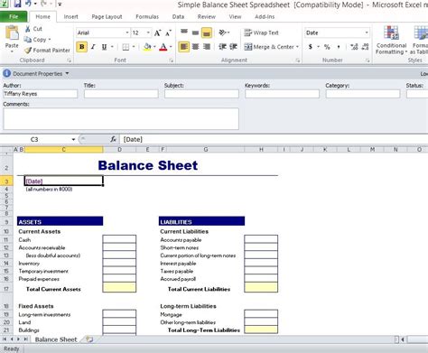 Simple Excel Balance Sheet Template