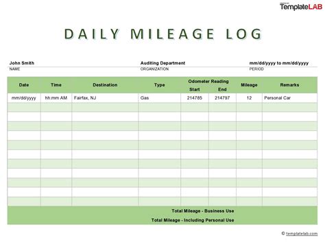 Simple Mileage Log Template