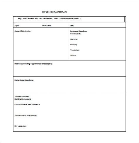 Siop Unit Plan Template