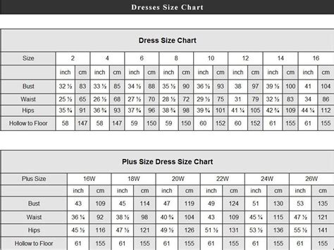 Size Chart For Formal Dresses