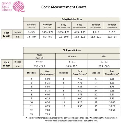 Size Chart For Knitting Socks