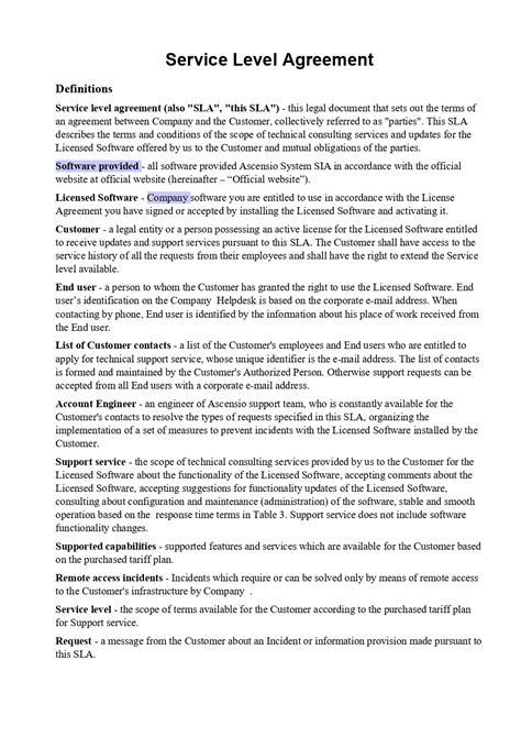 Sla Service Level Agreement Template
