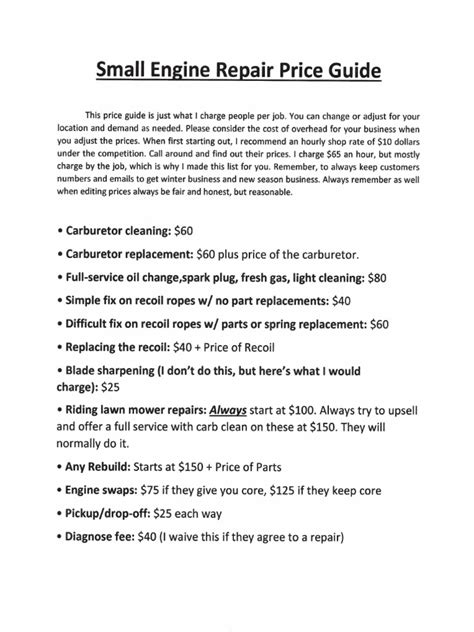 Small Engine Repair Cost Chart