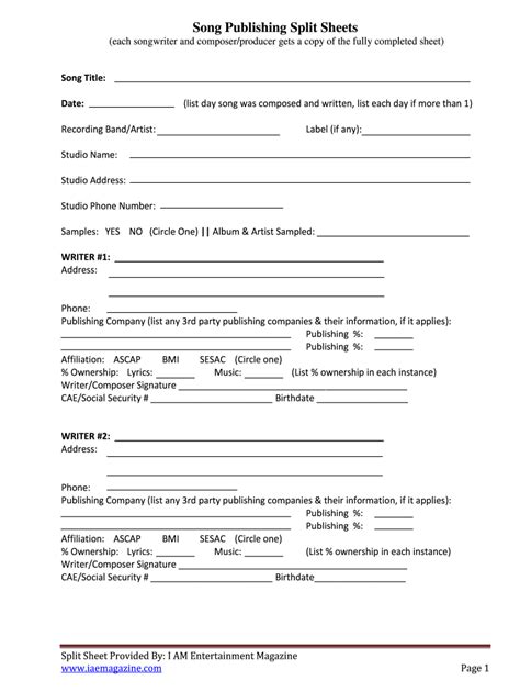 Song Split Sheet Template