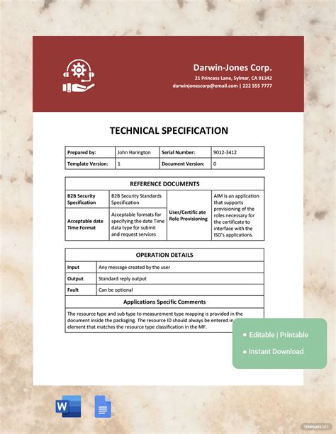 Specifications Template