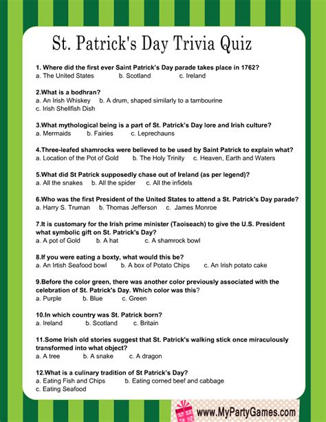 St Patrick's Day Quiz Printable