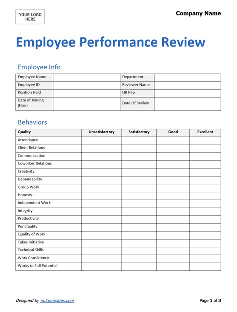 Staff Performance Review Template Free