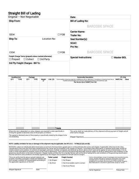Straight Bill Of Lading Template