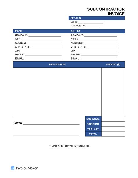 Subcontractor Invoice Template