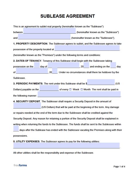 Sublease Agreement Free Template