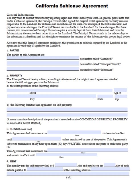 Sublease Agreement Template California