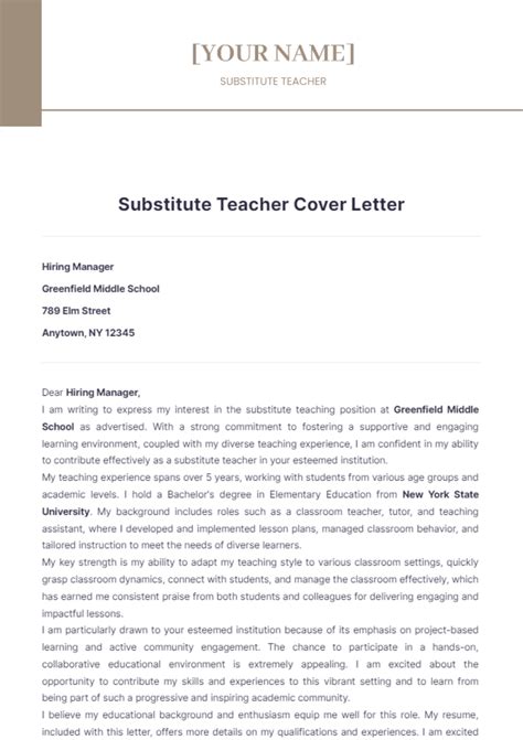 Substitute Teacher Cover Letter Template
