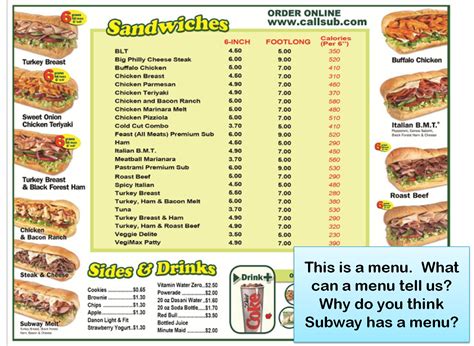 Subway Printable Menu