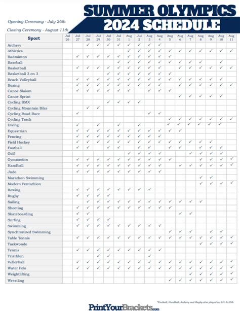Summer Olympics Printable Schedule