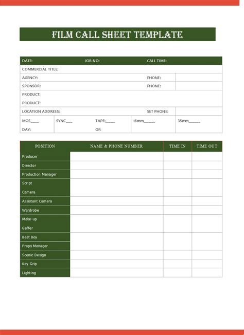 Template Call Sheet Film