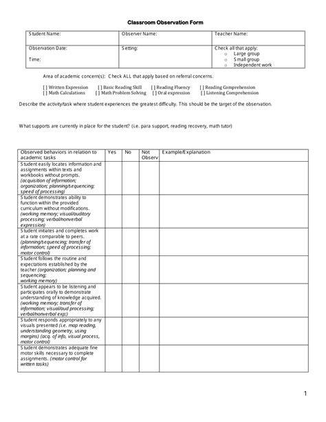 Template For Classroom Observation