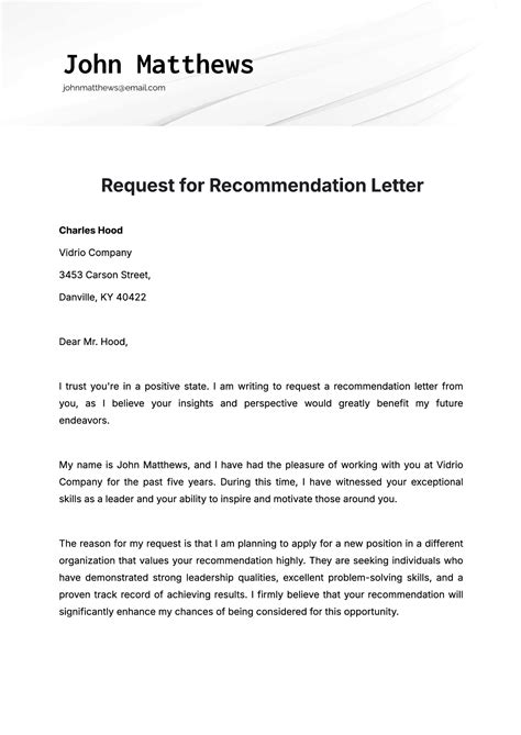 Template For Letter Of Recommendation Request