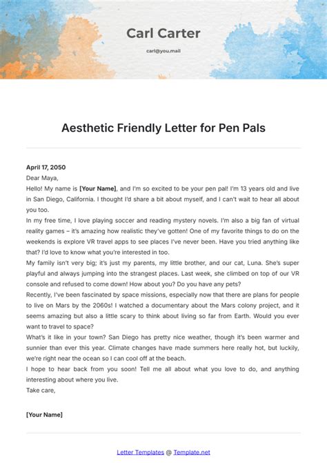 Template For Pen Pal Letter