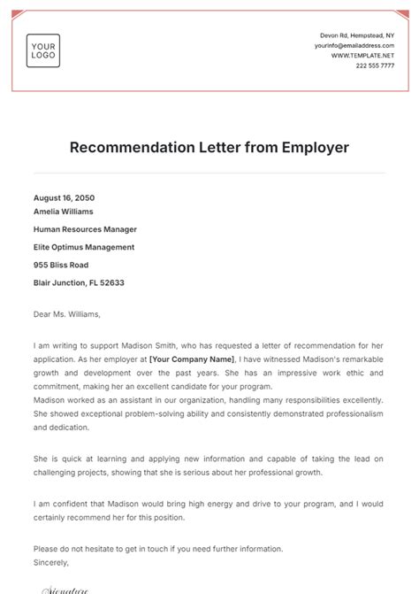 Template Recommendation Letter From Employer