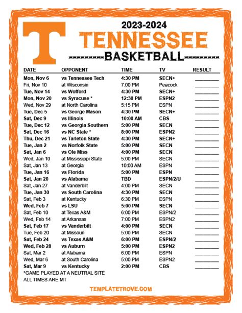 Tennessee Basketball Schedule Printable