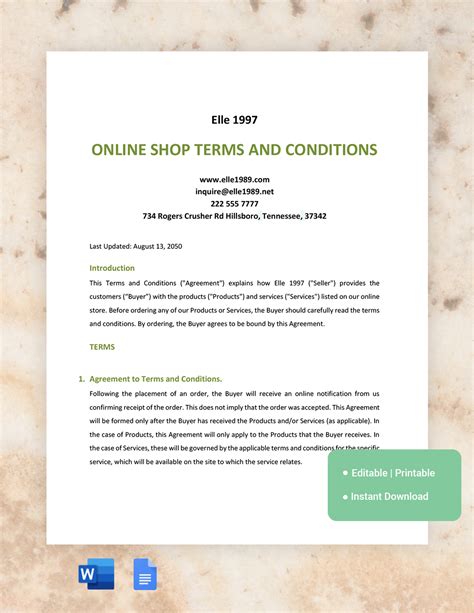 Terms And Conditions Template For Online Store