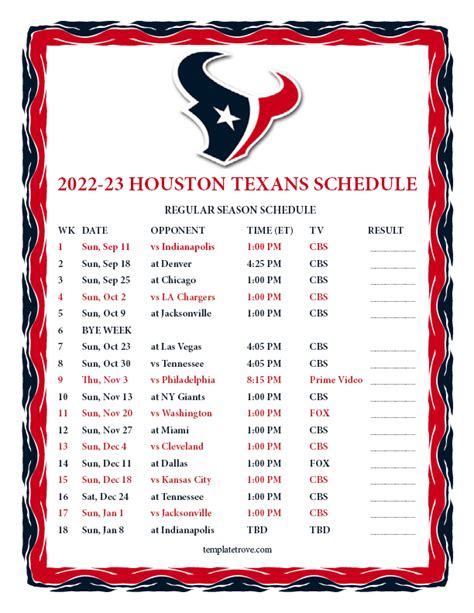 Texans Schedule Printable