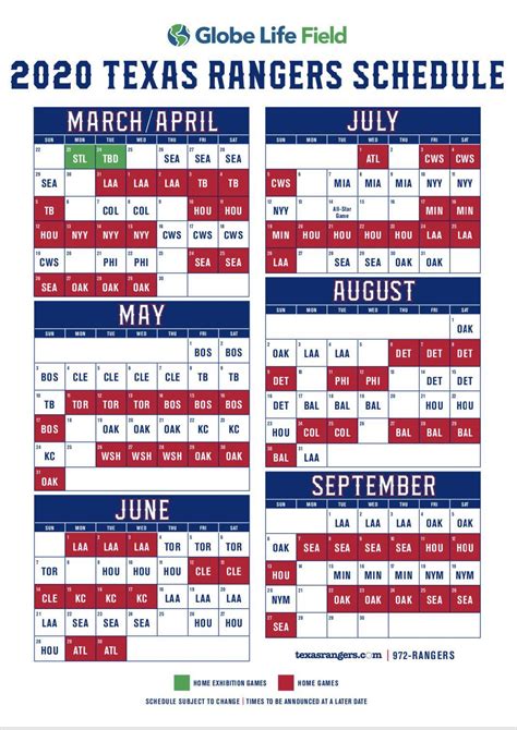 Texas Rangers Printable Schedule