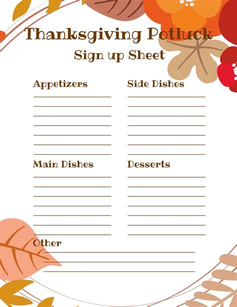 Thanksgiving Dinner Sign Up Sheet Template