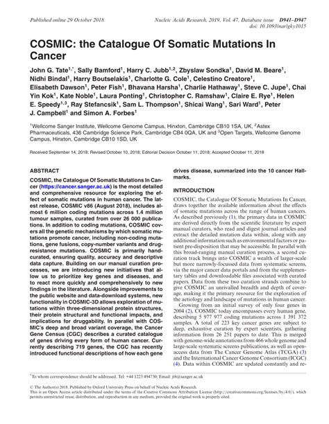 The Catalogue Of Somatic Mutations In Cancer