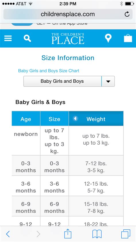 The Childrens Place Size Chart